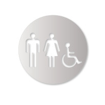 Plaque de porte aluminium brossé picto Toilettes Hommes, Femmes, PMR - Ø 120 mm - Gamme Bross évidé