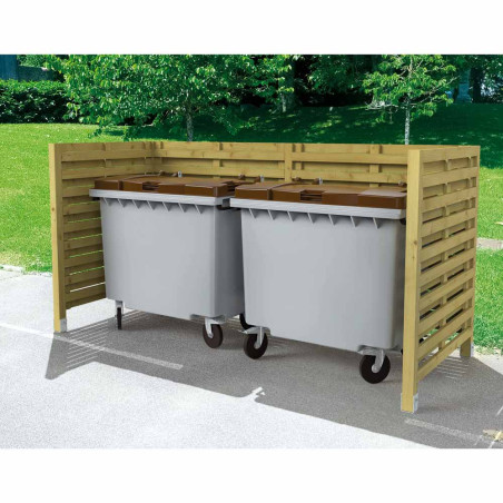 Cache-conteneurs en bois version double sur un chemin