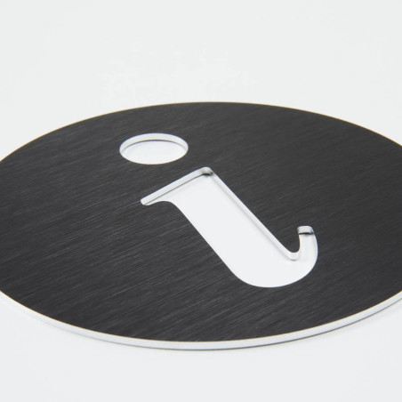 Pictogramme Information découpé en aluminium brossé noir - Ø 100 mm