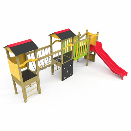 Structure multi-activités bois avec pont, filet et toboggan
