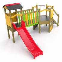 Structure de jeux en double tour avec pont et toboggan