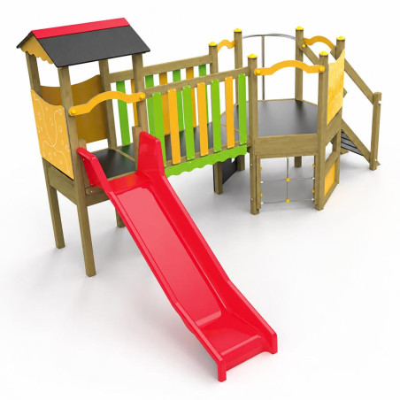 Structure de jeux en double tour avec pont et toboggan