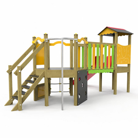 Structure de jeux en double tour avec pont et toboggan