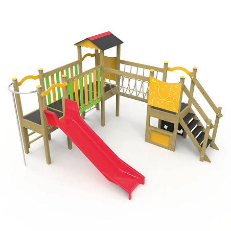 Structure de jeux en double tour avec passerelle et toboggan