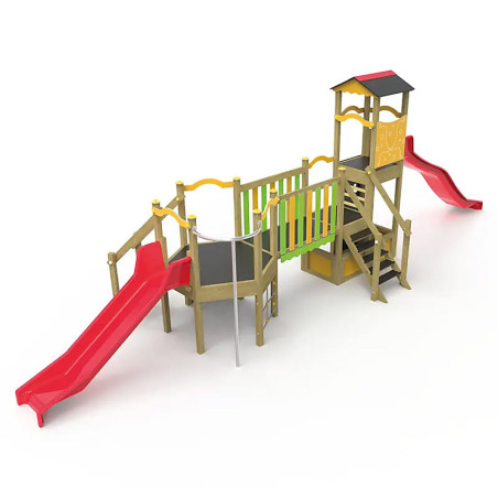 Structure de jeux double tour avec 2 toboggans et escalade