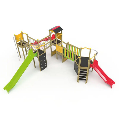 Structure de jeux en bois triple tour avec 3 toboggans et filets