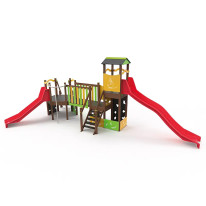 Structure de jeux double tour, toboggans et panneaux ludiques