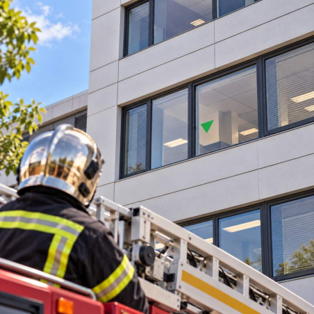 Fenêtre avec autocollant espace d'attente sécurisé, triangle vert inversé, pour intervention des pompiers