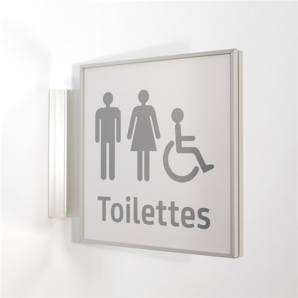 Signalétique en drapeau toilettes pictogramme homme, femme et PMR