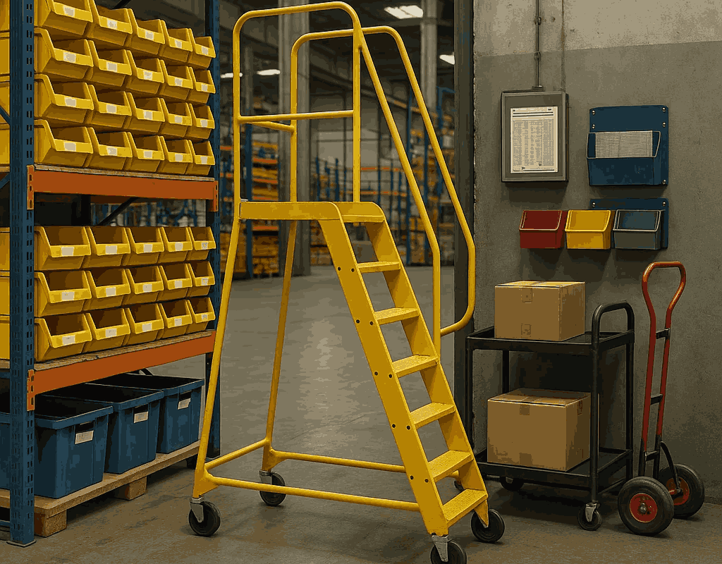 Escabeau sécurisé pour accès en hauteur en milieu industriel. Escabeau industriel jaune dans un entrepôt avec étagères et matériel de stockage.